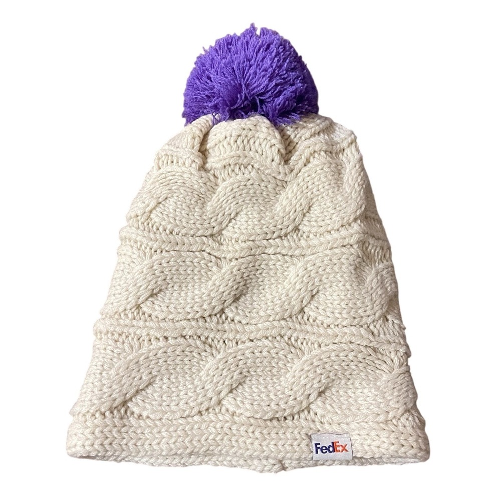 Fedex Women Knit Winter Beanie Hat Tan Purple‎ Pom Pom